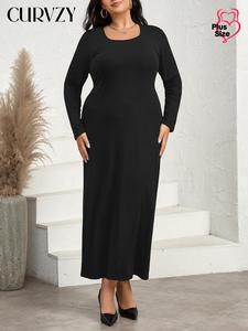 CURVZY Plus Size Solid Tie Back Long Sleeve Dress, Elegant Round Neck Long Dress for Spring & Fall, Women's Clothes for Daily Wear