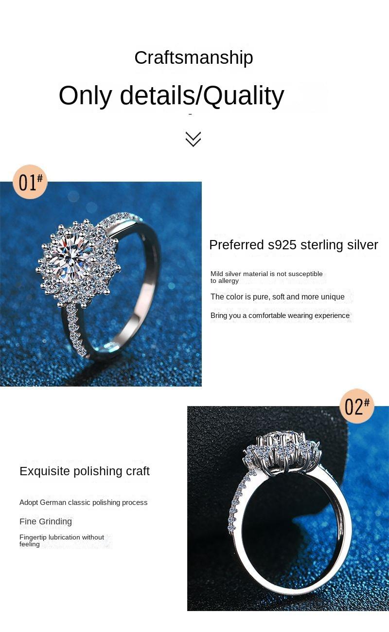 Product Introduction of S925 sterling silver moissanite 1 carat ring female luxury sunflower wedding ring moissanite ring female 9