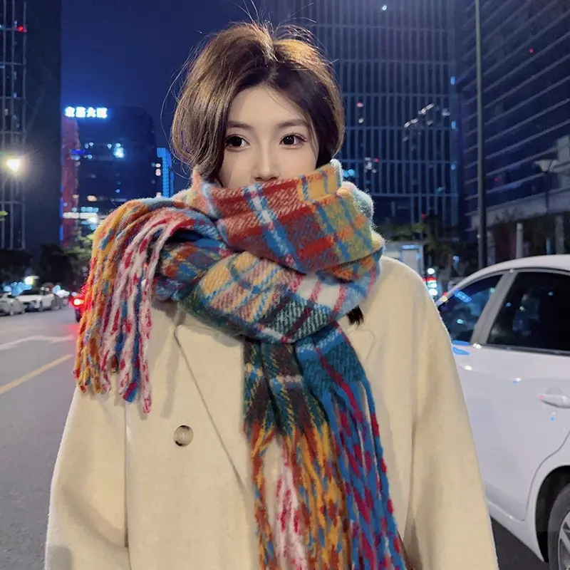 Khăn Quàng quàng cổ kẻ sọc cầu vồng, dành cho phụ nữ, mùa thu và mùa đông, chất lượng cao, làm bằng Mohair và Tua Rua, khăn quàng cổ, khăn quàng cổ cashmere nhân tạo, hàng mới về Khăn Choàng Choàng Cổ