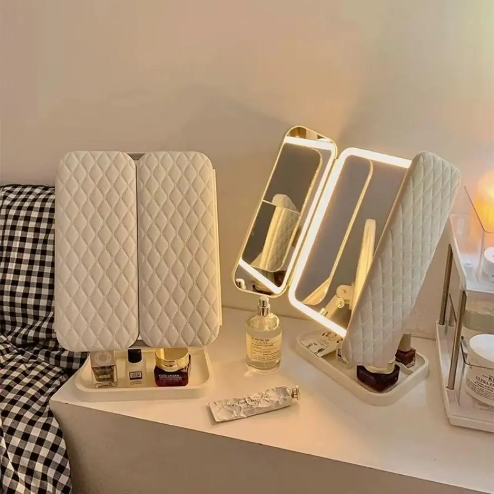 LED Light Mirror, 1 Count Trifold Makeup Mirror with Storage Tray, Beauty Mirror for Home, Dormitory, Bedroom, Living Room
