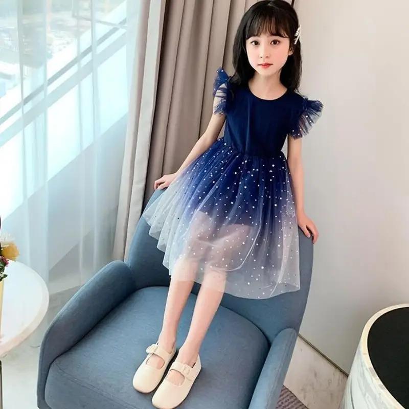 Girls Starry Sky Gradient Princess Dress Summer Sleeveless Fashion Gauze Dress New Years Children's Birthday Party Present 3