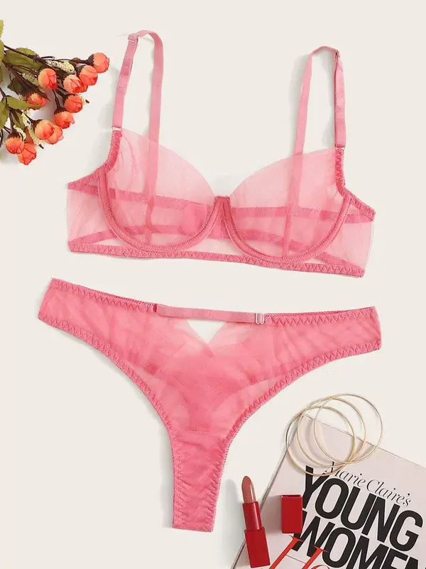 Women's Solid Color Underwire Bra & Panty Two-piece Set, Sexy Comfy Breathable Tulle Lingerie Set, Women's Underwear Set for All Seasons 0