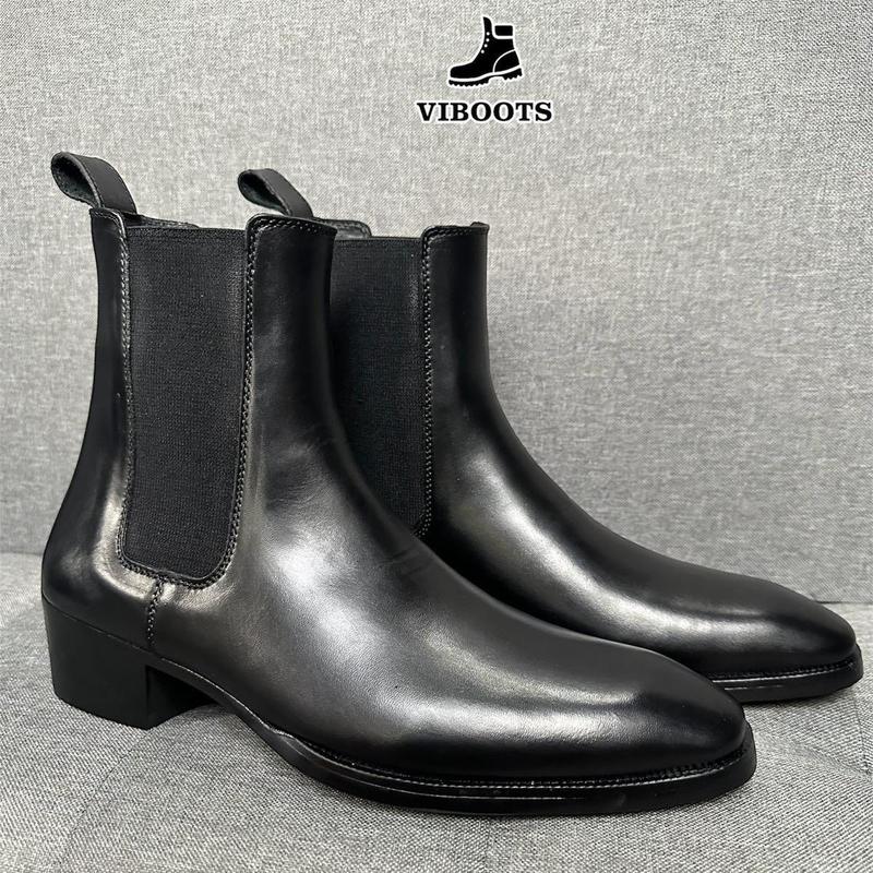 Giày Chelsea Boots High Heel Nam Đế Phíp Gỗ Tăng Chiều Cao 5cm Thương Hiệu Vibots Êm Chân Da Bò Thật Cao Cấp