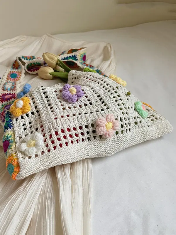 Women's Fashionable Ethnic Style Handbag, Large Capacity Shoulder Bag with Hollow-Out Knitted Design, Casual and Fashionable Crossbody Bag for Women 3