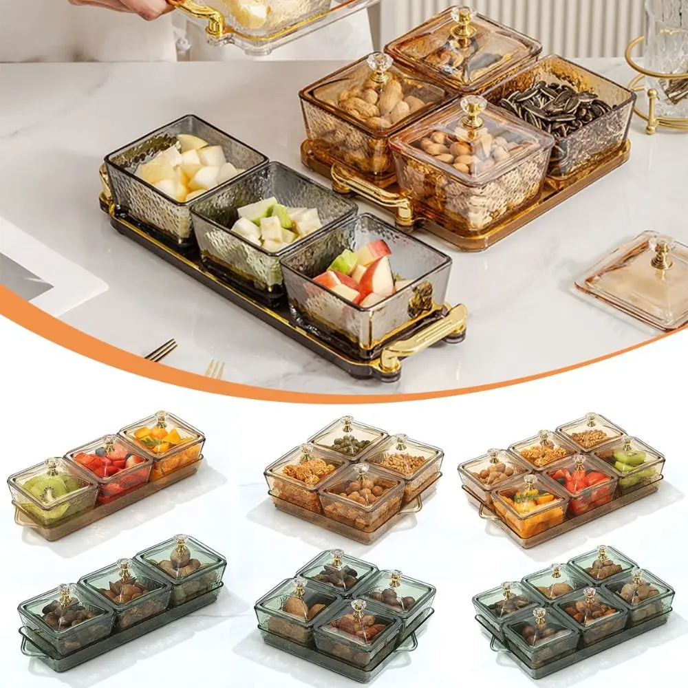 Convenient 3/4/6 Grid Fruit Plate Transparent Plastic Dry Fruit Storage Box with Lids Teas Snacks Display Plates