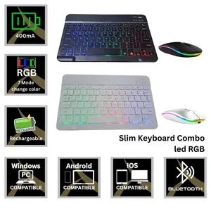 Slim Keyboard Combo LED RGB Mini 10 Inch Rechargeable Bluetooth untuk Laptop Android iPad iPhone dengan Mouse Bluetooth LED RGB dan 8 Mode Lampu LED