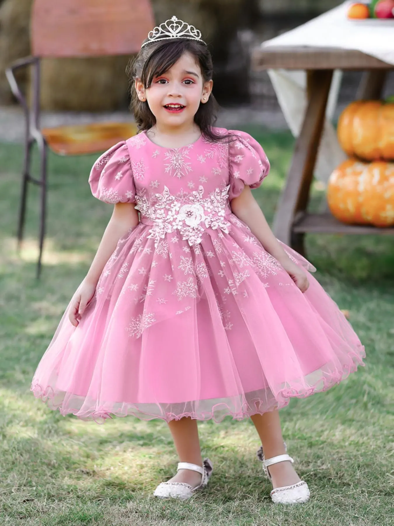 Girl's Appliques Pearls Belted Contrast Mesh Formal Dress, Elegant Puff Sleeve Round Neck Midi Dress for Party Wedding Guest, Kids Clothes for All Seasons