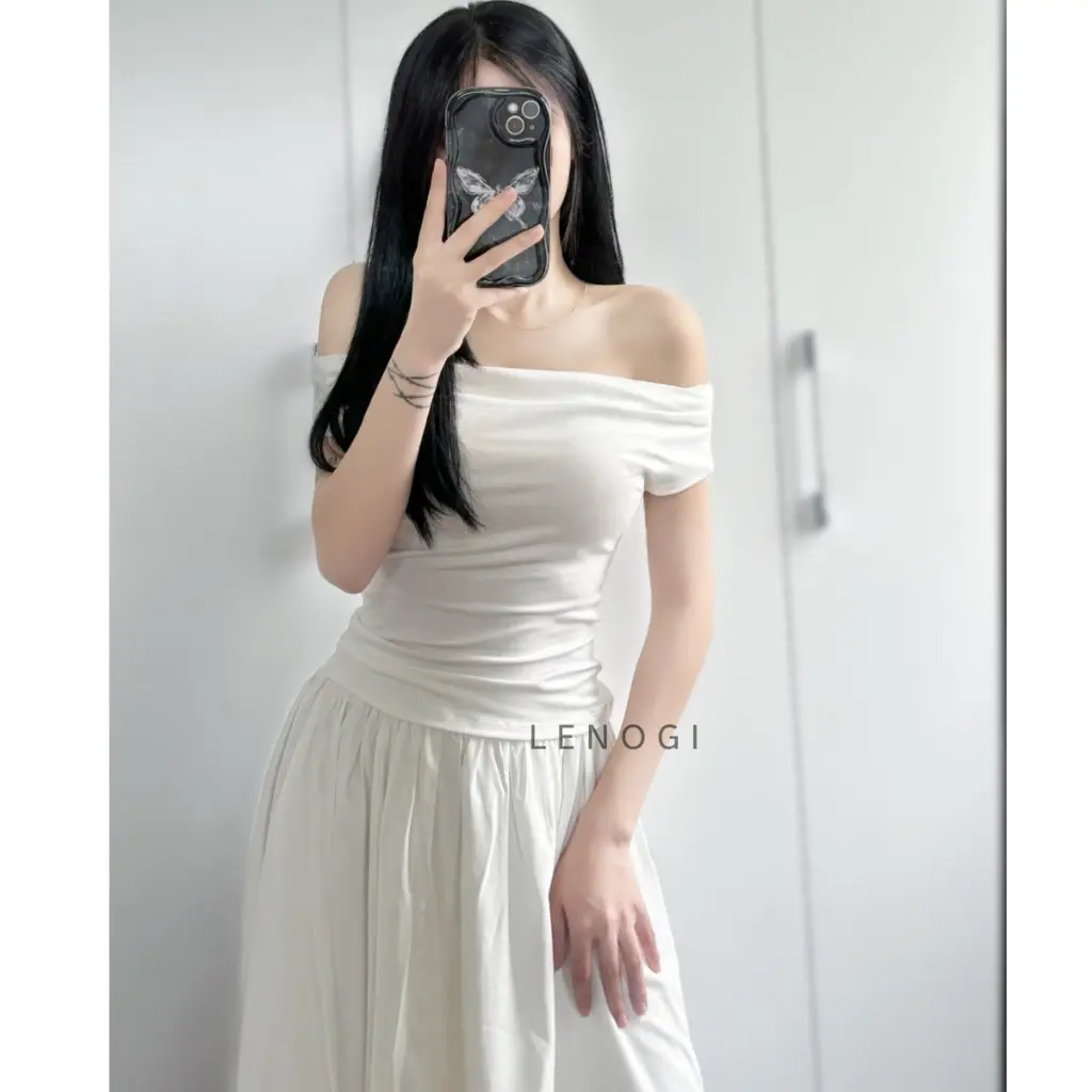 Áo trễ vai cộc tay nữ LENOGI Áo kiểu nữ bẹt vai  mùa hè coton mịn mát | BigBuy360 - bigbuy360.vn