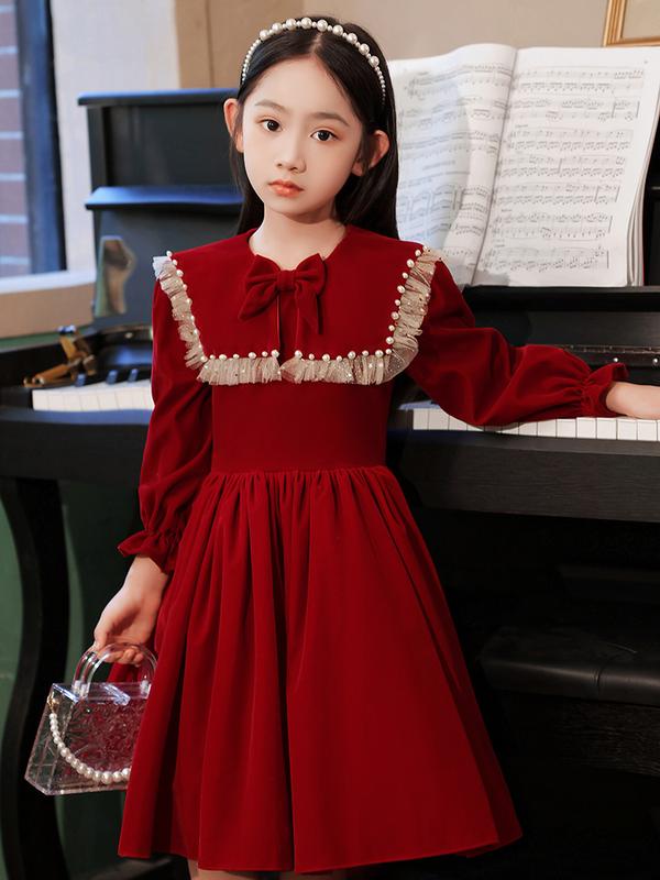  Váy công chúa bé gái dáng xoè tay dài vải nhung đỏ phối ngọc cho bé diện Noel,mặc tết 