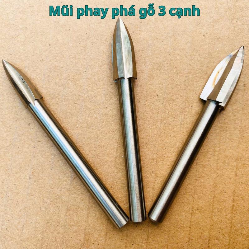 Mũi phay phá gỗ 3 cạnh Đầu nhọn làm lũa cây bonsai điêu khắc khoét rãnh trên gỗ cốt 6 ly