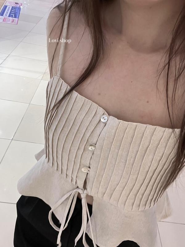 Vibe top - Áo 2 dây linen xếp ly form croptop đính nút phong cách trẻ trung xinh xắn mùa hè Nữ Women