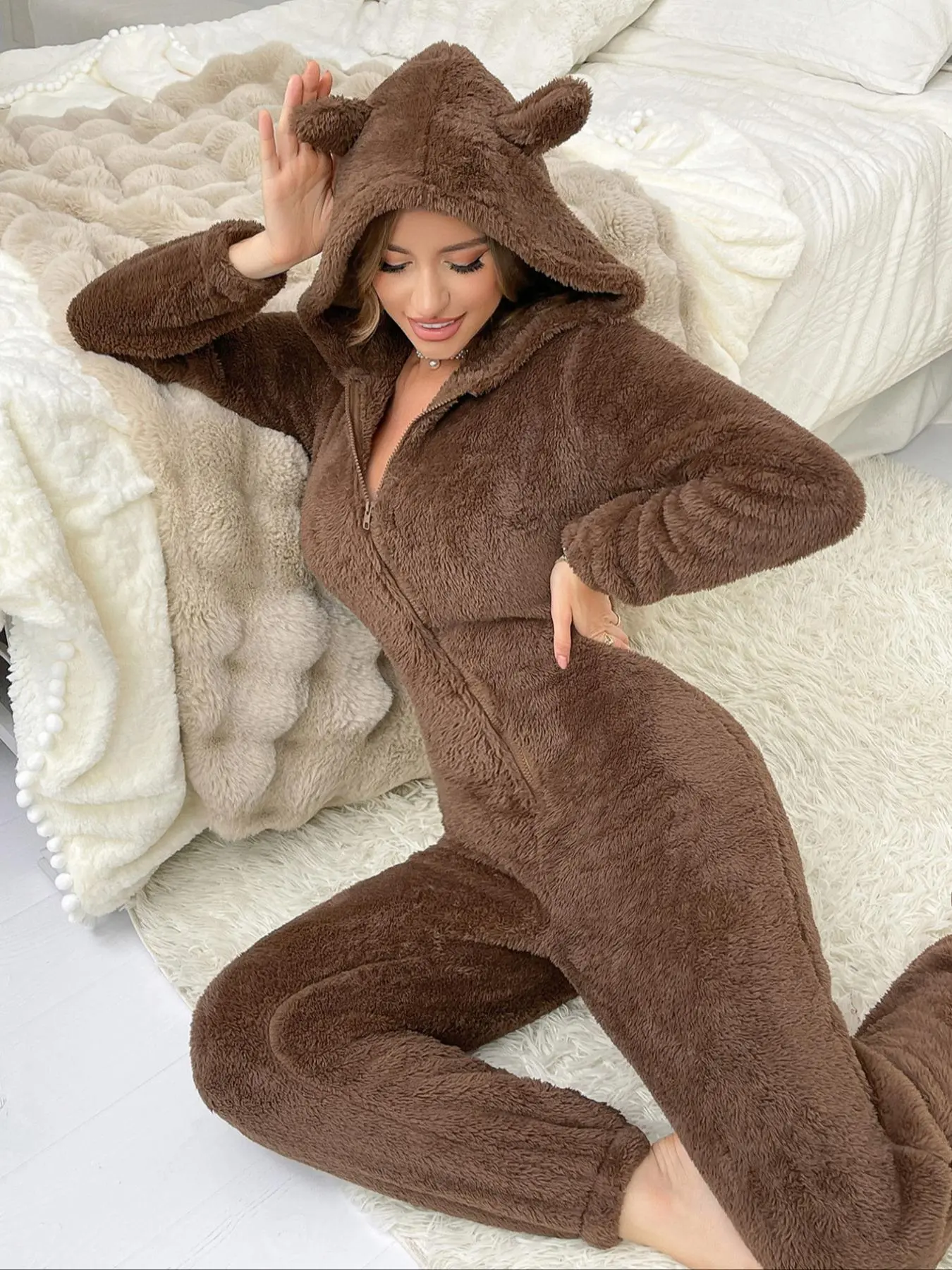 Women's Solid Zip Up Hooded Fuzzy Onesie, Casual Long Sleeve Flannel Jumpsuit for Fall & Winter, Women's Sleepwear for Indoor Wear, Rave Outfits 2024