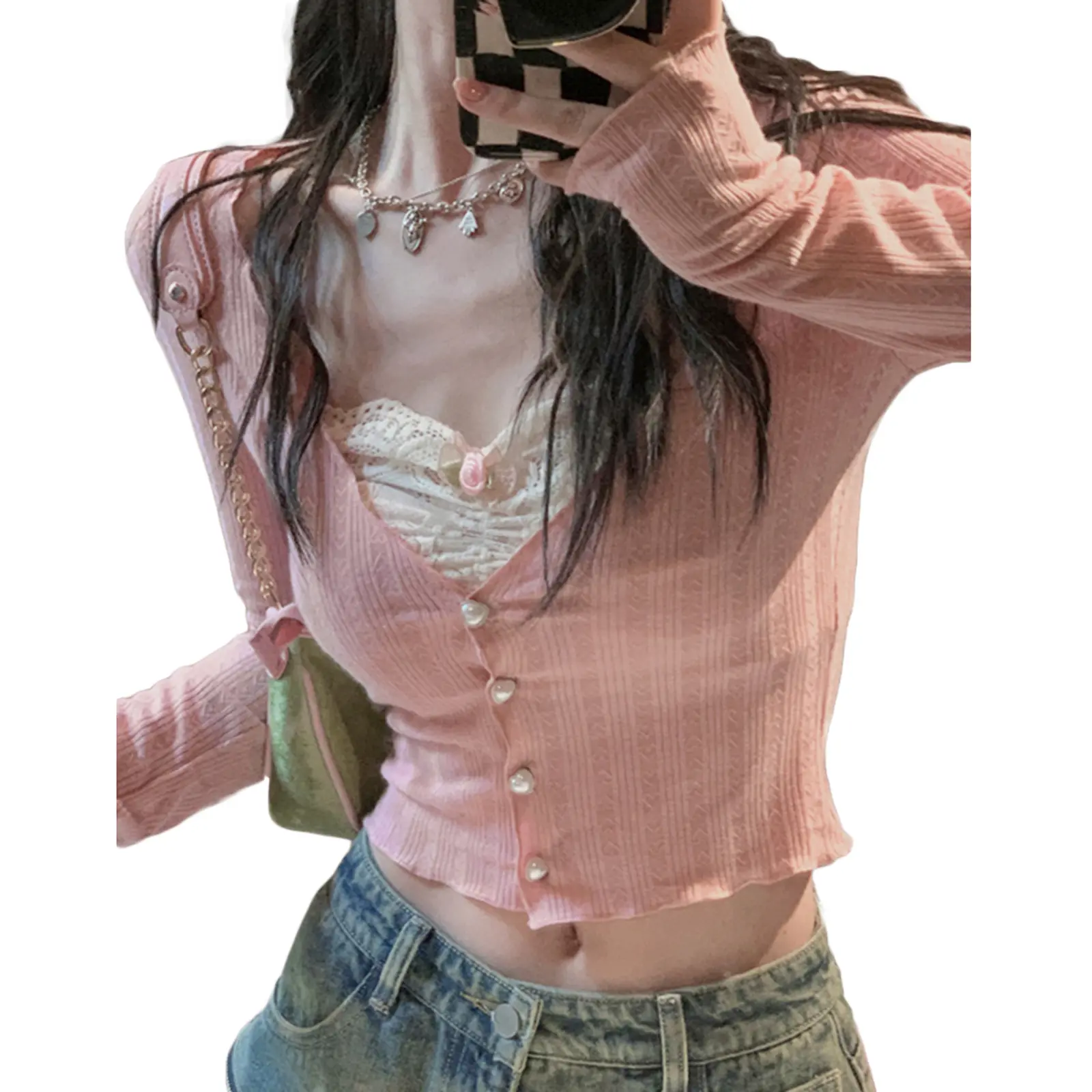 Mu-Women Y2K Cute Crop Top Vintage Lace Patchwork Button Full Sleeve Slim Fit Tees