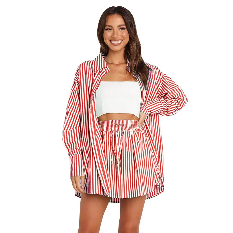 Two-Piece Set Women's Striped Print Two Piece Set, Summer Outfits 2024, Casual Drop Shoulder Shirt & Drawstring Wide Leg Shorts Summer Lounge Sets, Co-ords for Women, Ladies Summer Matching Sets Going Out Clothes, Co-ord Set Outfits, Women's Clothing 8