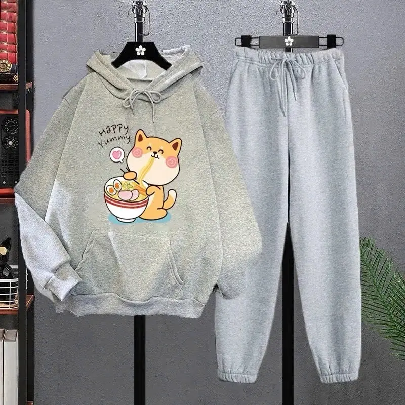 set áo hoodie in hình cún ăn mì kèm quần bom dây rút