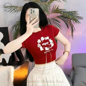 Áo Thun Croptop Thun Borip Form Basic Ôm Body In Hình Team Cún Cute Đính Nơ Dài, Kích Cở S M L Nữ Women Cổ Tròn Dáng Ngắn