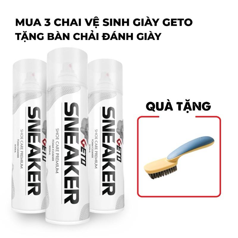 Combo 3 chai xịt tạo bọt vệ sinh giày Sneaker GETO kèm bàn chải đa năng, công nghệ nano bạc loại vết bẩn dễ dàng,  Nam nữ dễ sử dụng bot vesinh giay