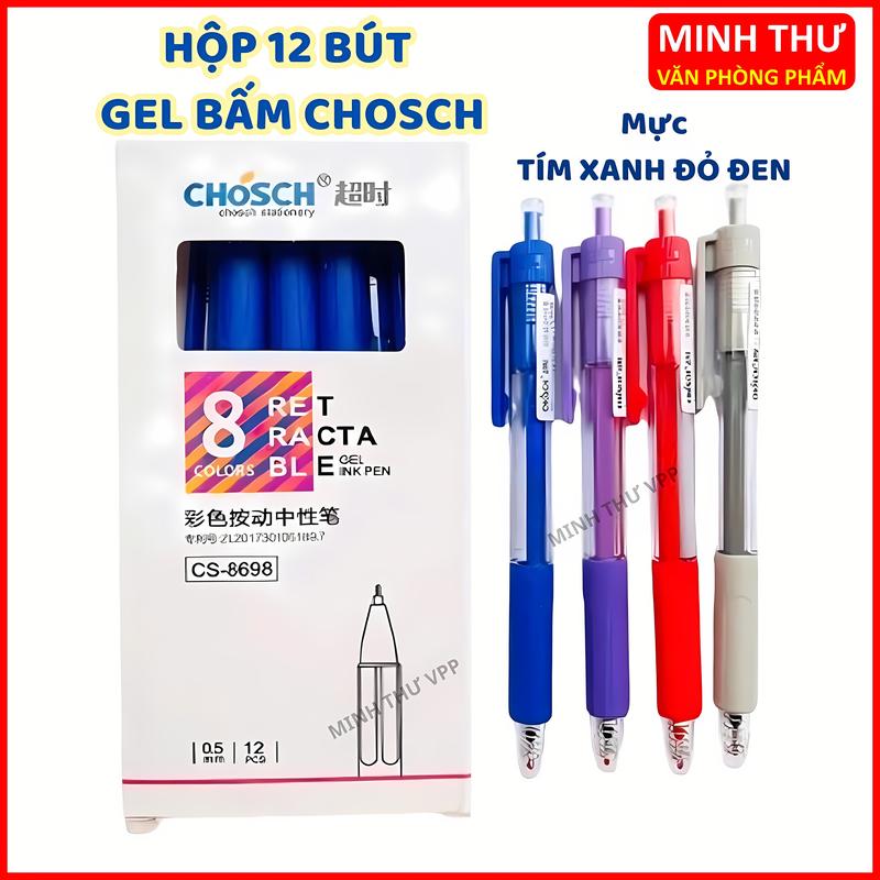 Hộp 12 Bút Gel Bấm Chosch Ngòi 0.5mm Chosch 8698 Mực Tím Xanh Đỏ Đen Mực Đậm Sáng Không Lem