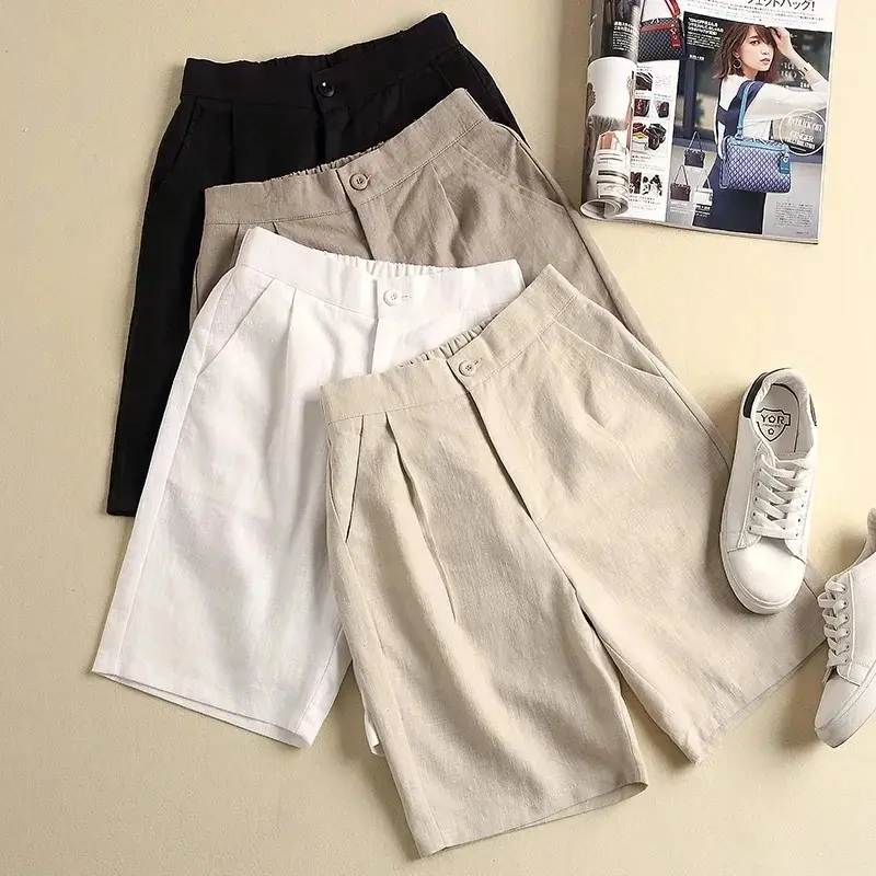 Khaki Solid Casual Linen Cotton Elastic High Waist Wide Leg Button Loose Women's Shorts Korean Fashion Summer Shorts Women 2024 Womenswear Bottom