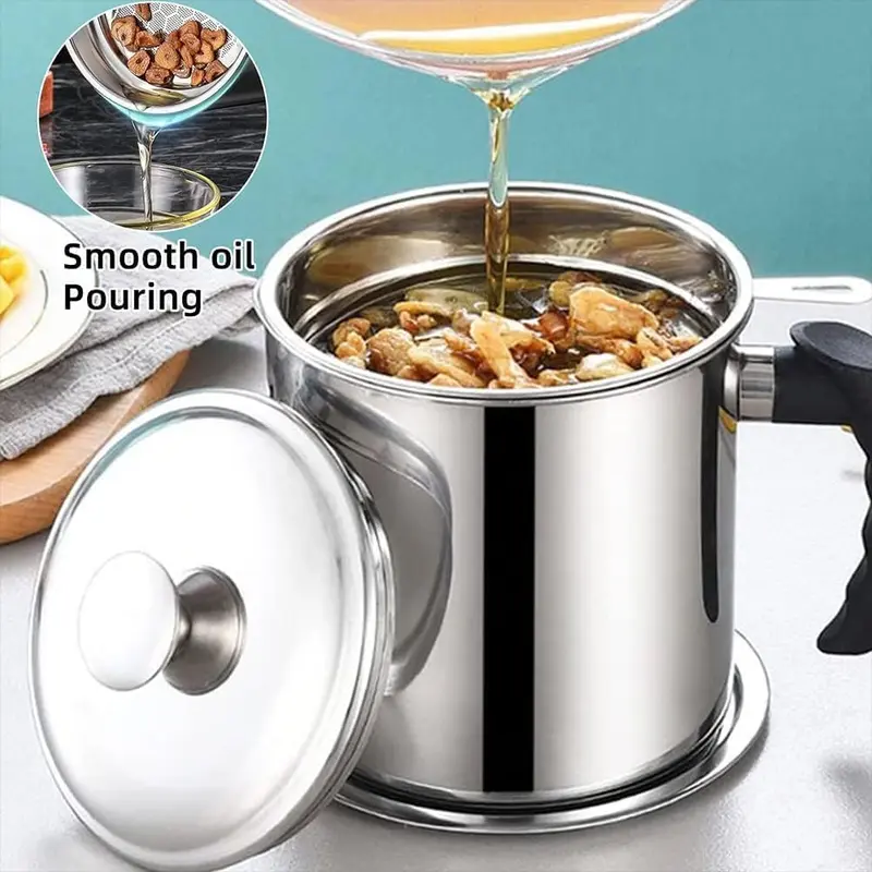Stainless Steel Oil Pot with Filter, Kitchen Oil Dispenser with Tray & Lid, Bacon Grease Container, Cooking Oil Can, Home Kitchenware 3