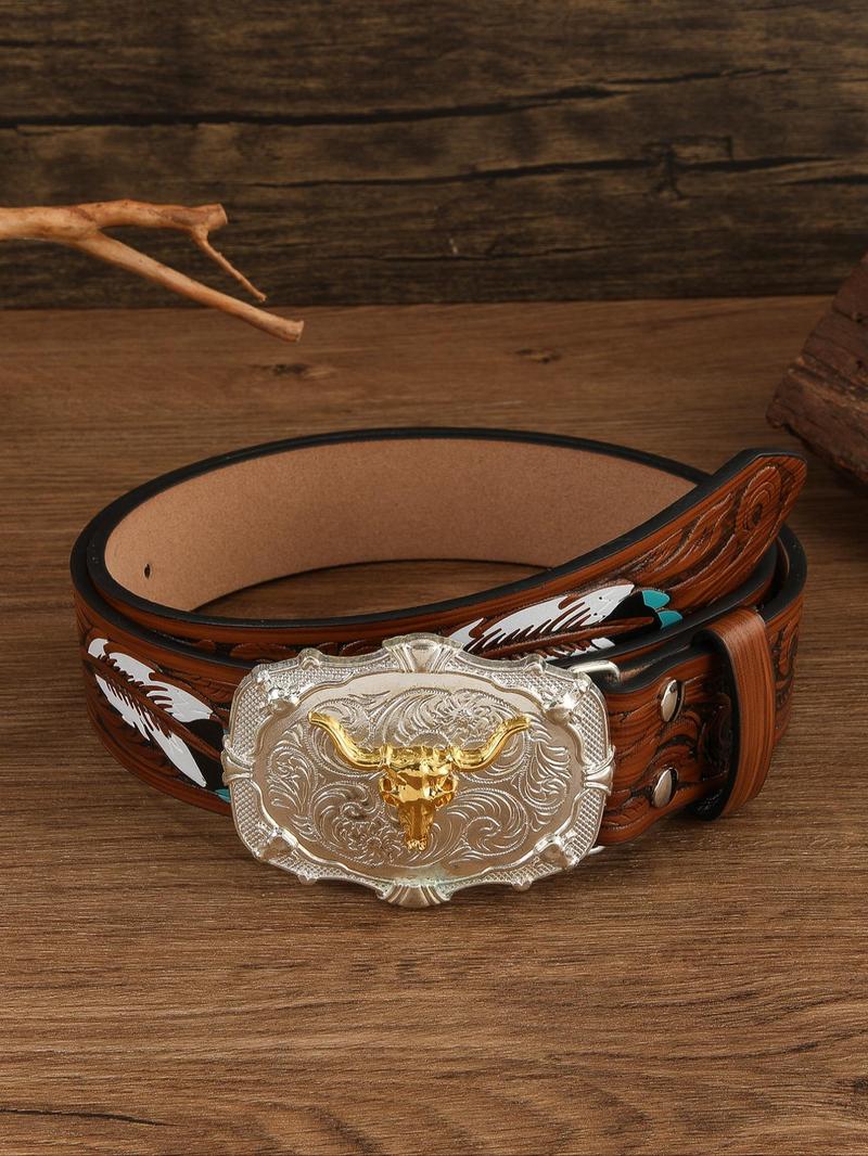 Product Introduction of Men's Bull Head Buckle Western Belt, Fashionable Feather Pattern Belt for Men, Casual Waistband for Jeans Trousers, Fashion Belt for Party, Daily Clothing Decor 0