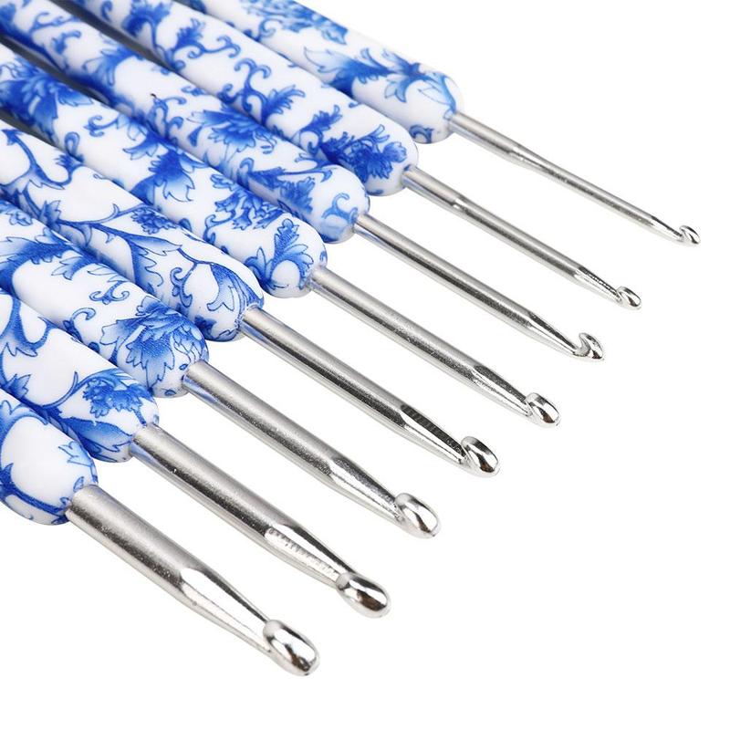 8pcs/set Blue and White Porcelain Pattern Crochet Hook Set, Crochet Supplies For DIY 1
