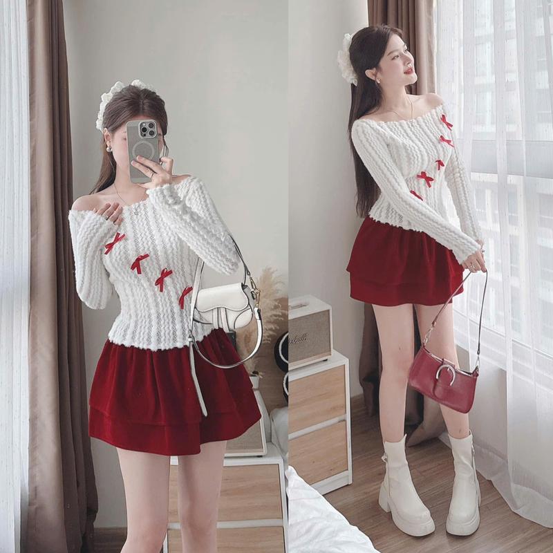 Áo trễ vai len mềm xinh, áo noel tết tiểu thư A387 Nữ Women 2