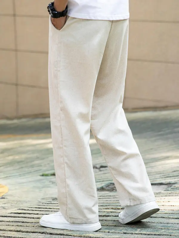 Men's Solid Linen Pants, Loose Casual Comfy Straight Leg Trousers for Spring & Fall, Men Bottoms for Daily Wear, Beige 1