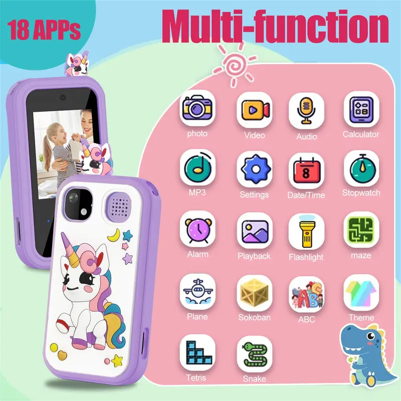 Unicorn Design Smart Phone Toy, 2.8 Inch Touch Screen Kids Learning Play Toy Phone with Dual Camera, Game, Music Player, Birthday Gifts for Girls 5