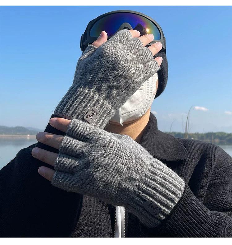 Product Introduction of 2024 Gloves Men's Open Finger Winter Half Finger Riding Student Writing Thick Wool Knitted Leaking Finger Cold-Proof Warm 16