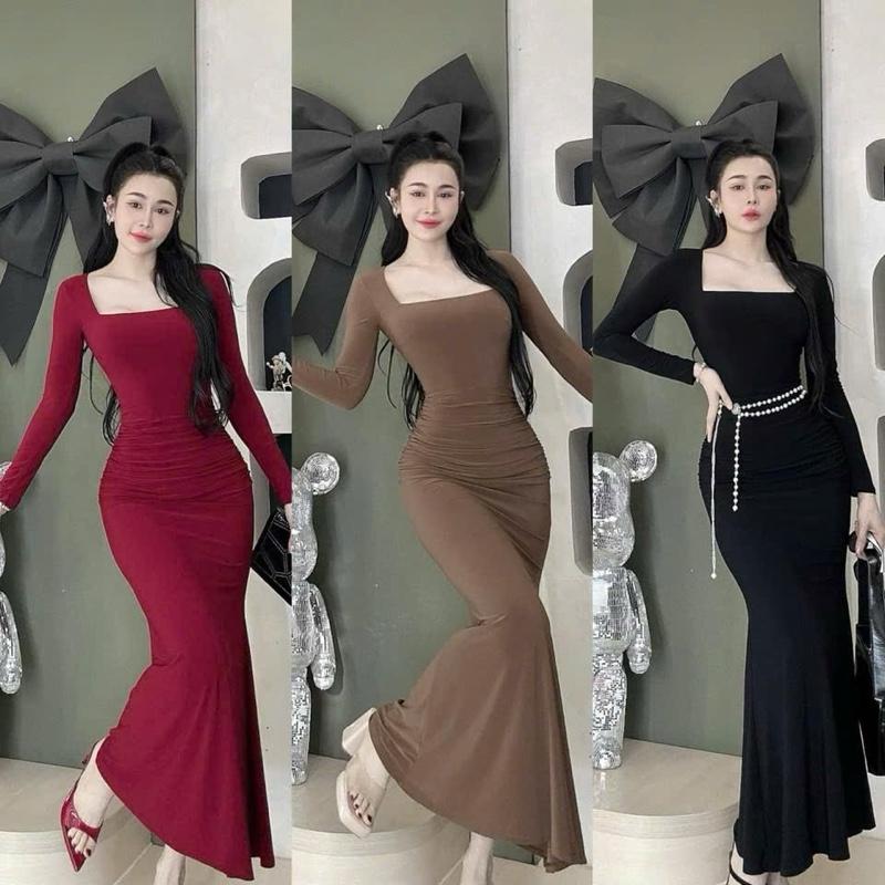 Đầm body cổ vuông tay dài , không kèm phụ kiện , thiết kế dáng đuôi cá , ôm eo. Phù hợp cho nàng đi tiệc đi chơi . 7