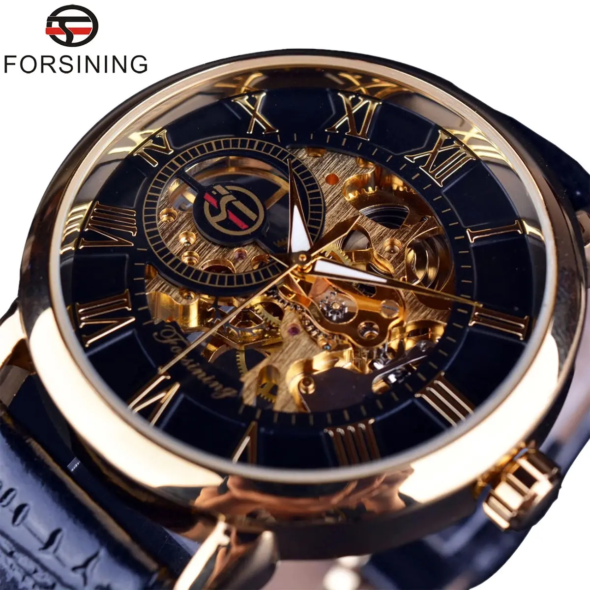 Đồng Đồng Hồ Cơ Thiết Kế Logo 3D, Khắc Rỗng Vỏ Vàng Đen, Đồng Đồng Hồ Nam Sang Trọng, Phát Sáng, [Thanh Toán Khi Nhận Hàng]