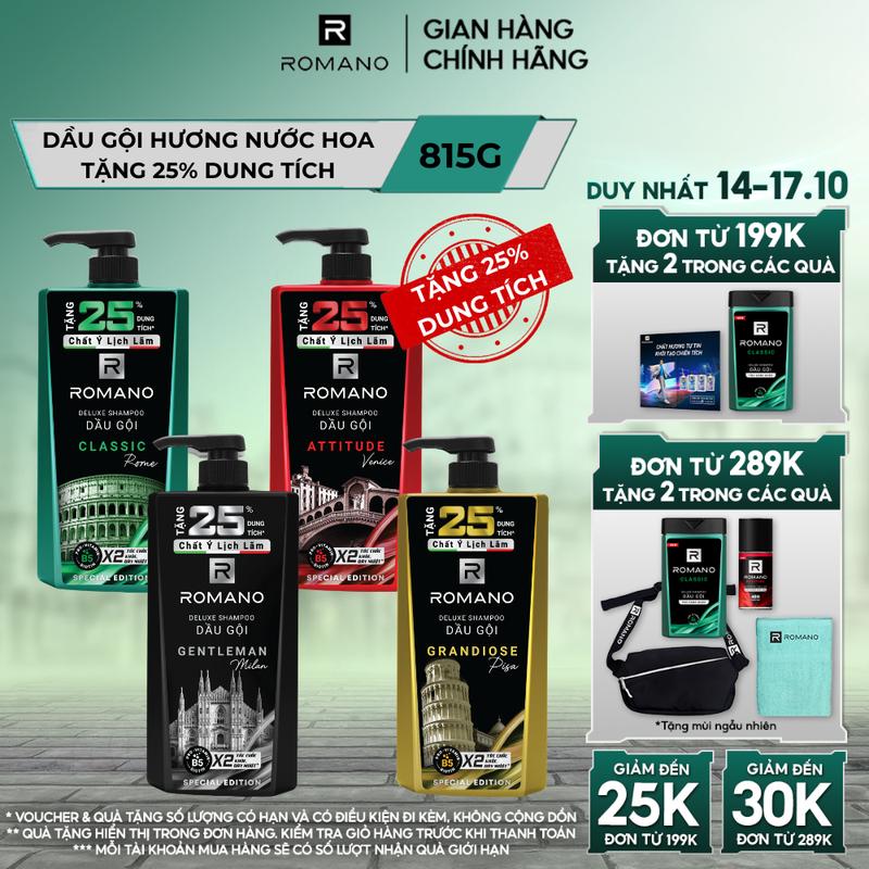 [THÊM 25% GIÁ KHÔNG ĐỔI] Dầu gội Dưỡng Tóc cho nam Romano hương nước hoa tăng 25% dung tích phiên bản đặc biệt 25 năm