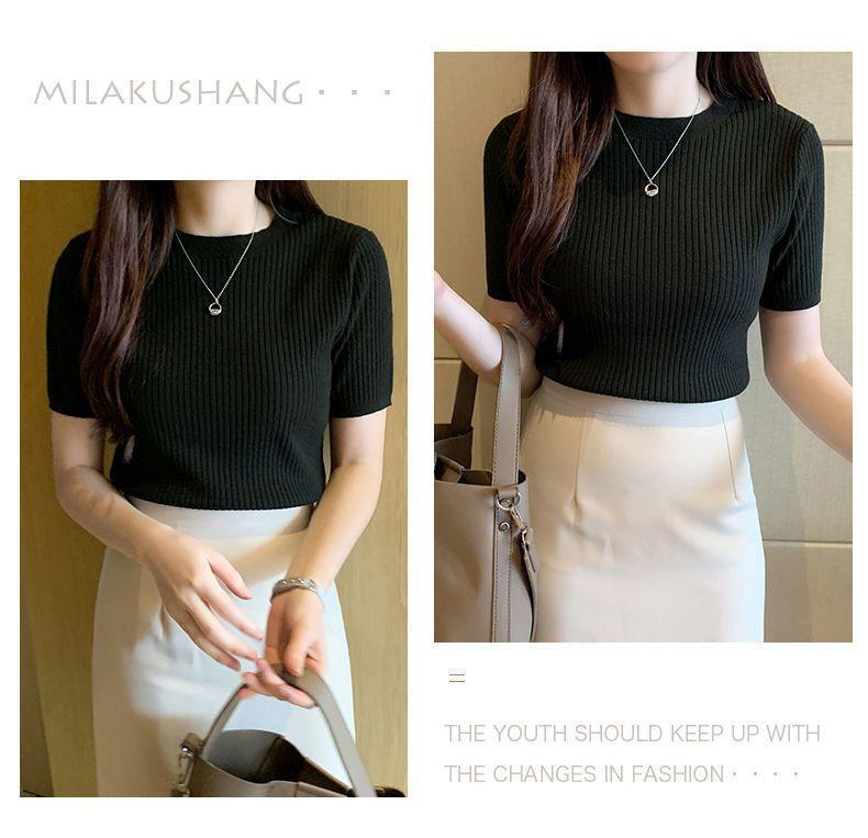 Product Introduction of Áo Dệt Kim, Dáng Ôm, Áo ngắn Tay, Áo Chui Đầu Nữ, Có Thể Mặc Bên Trong, Ngắn, Hàng Mới Về Mùa Hè 2024, Áo Sơ Mi Lớp Nền Cổ Tròn 23