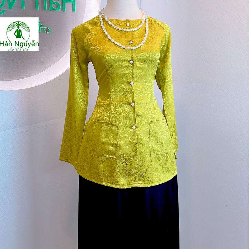 Hân Nguyễn Áo Bà Ba - B.A107 - Bộ Bà Ba Gấm Có Túi Tay Dài Cổ Tròn Hoa Cúc Nhí Nữ Top Women Sơ Mi