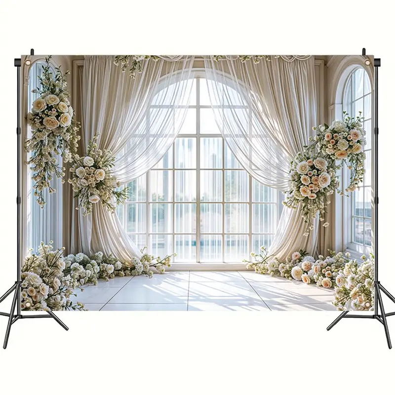 Wedding Themed Backdrop, 1 Count Flower & Curtain Pattern Backdrop, Decorative Banner for Photography Studio, Living Room & Bedroom Celebration 3