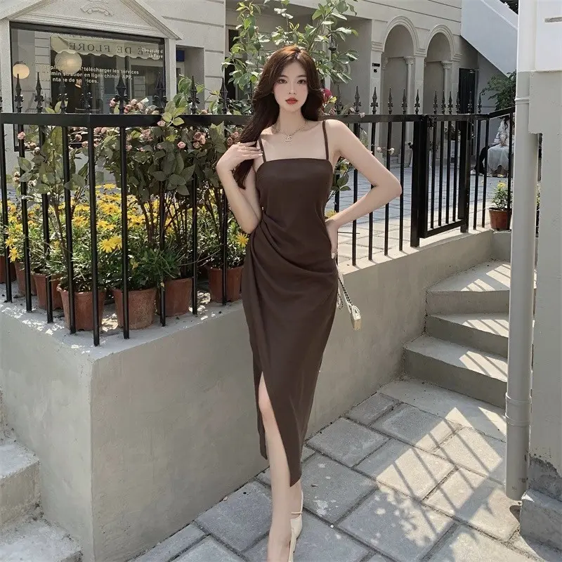 927 baju sexy party dress coklat bodycon midi gaun tanpa lengan wanita korean style dress terbaru 2024 import 8