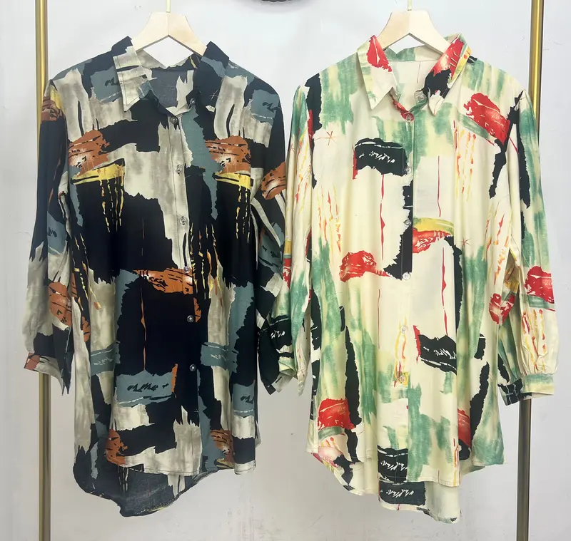 Tunik Kemeja Rayon Motif Diamond Kancing Baju Fit Tangan Balon Panjang 0