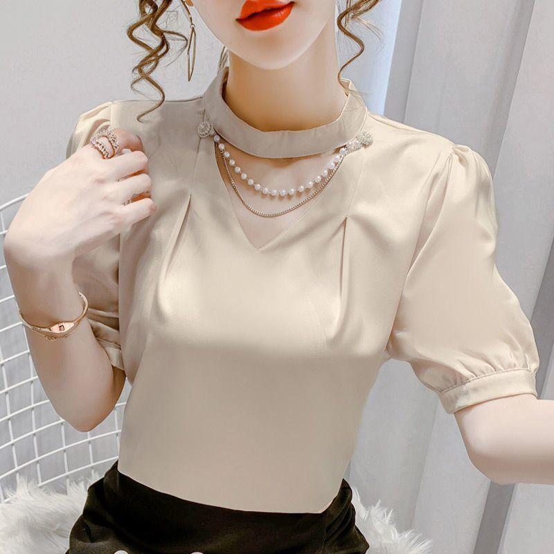 Áo Voan, Ngắn Tay, Dáng Rộng Vừa Vặn, Dành Cho Nữ, Cổ Yếm Dây Chuyền Ngọc Trai, Màu Trơn Cỡ Lớn, Áo Mùa Hè, Phong Cách 2024, Hàng Mới Về 4