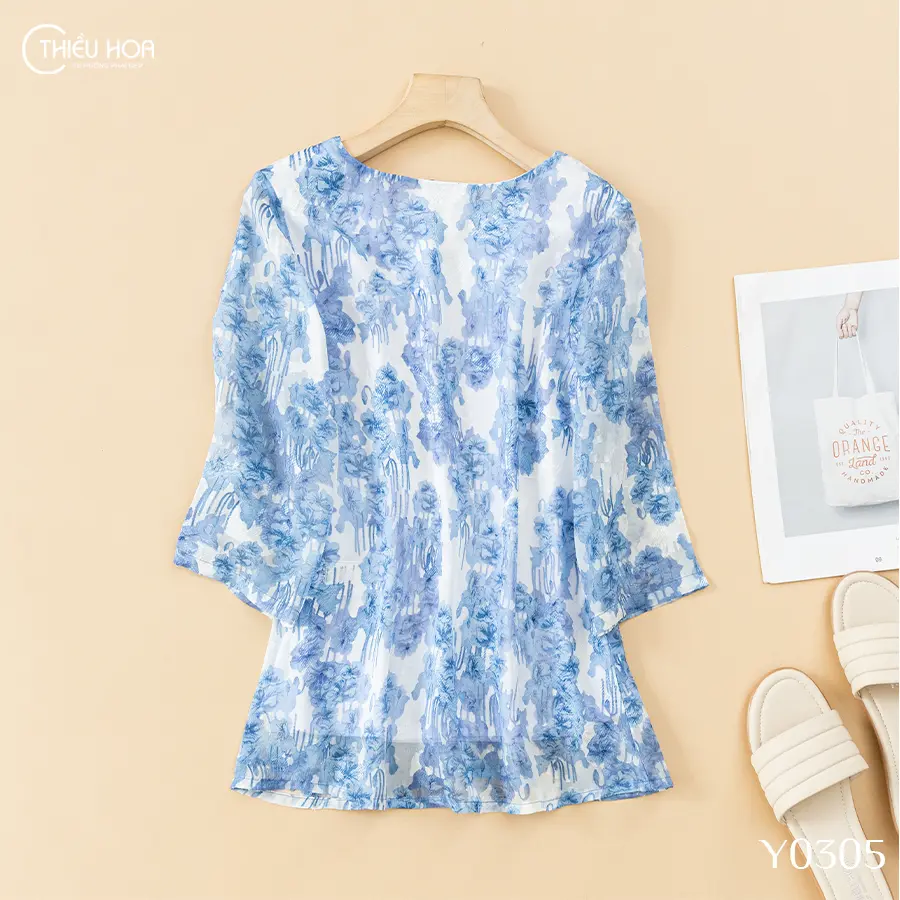 Áo Voan Nữ Trung Niên Form rộng Thiết Kế Sang Trọng, Quý Phái thương hiệu Thiều Hoa AD3Y0305 Top Women Shirt