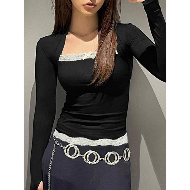 Product Introduction of Fairycore Lace Trim Suqare Collar T-shirt Korean Grunge Long Sleeve Slim Fit Tees Cottage Y2K Aesthetic Retro Milkmaid Crop Top 33