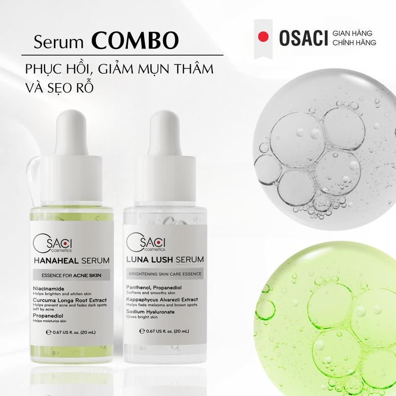 Combo 2 Serum dưỡng sáng, mờ thâm nám, sẹo rỗ, giảm mụn trẻ hóa da - Osaci Serum Hana Heal + Serum Luna Lush Skincare