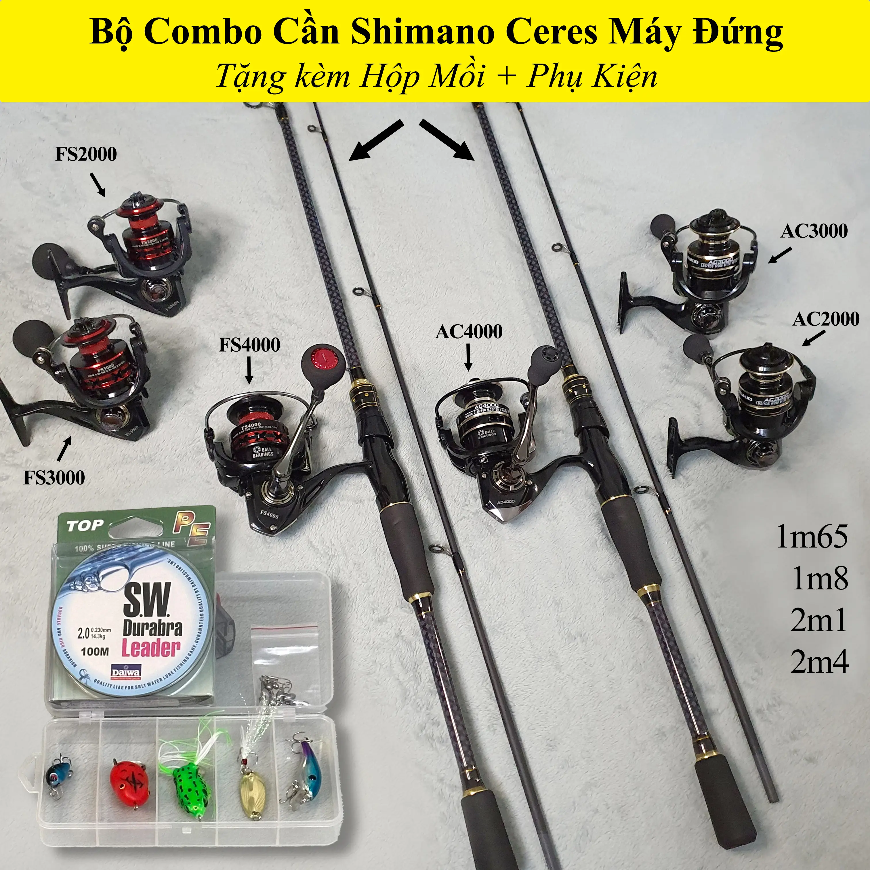 Combo Cần Câu Lure Shimano Ceres Máy Đứng + Hộp Mồi Lure 5 con + Dây PE 100m + 5c Khóa Lure + Chì - Fishing Lure,Câu Cá,Đi Câu,Bắt Cá