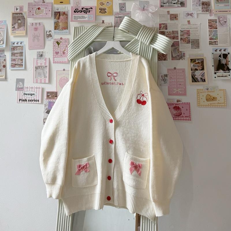 ÁO CARDIGAN LEN THÊU HÌNH CHERRY NƠ ĐỎ