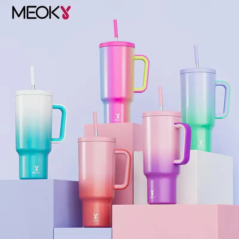 Meoky 40oz Tumbler with Handle Straw Stainless Steel Multi-Prints Coffee Cup Travel Water Bottle Leak-Proof Car Mug Gifts Bottled Portable Drinkware Flasks