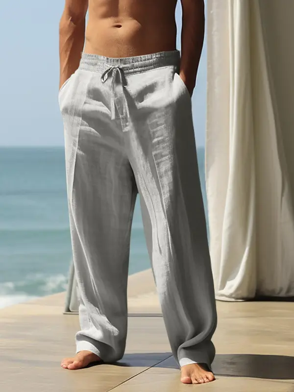 Men's Solid Color High-quality Cotton and Linen Straight Leg Pants, Casual Comfy Beach Pants, Men's Trousers for Summer Daily Wear, Baggy Legged Pants, Wide Legged Pants, Light Wash Trousers, Loose Fit Trousers 5