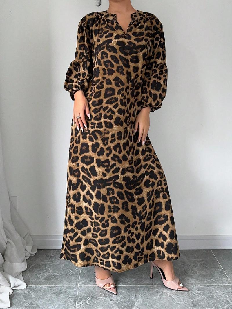 Product Introduction of 【Plus Size】 Leopard Print Notched Neck Dress, Casual Bishop Sleeve Dress for Spring & Fall, Women's Clothes for Daily Wear 5