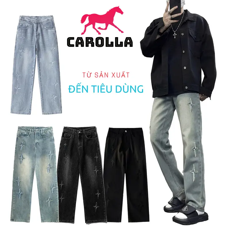 Quần Jean Nam Nữ form suông, ống đứng ống rộng Có Túi 8 sao 4 cánh may mắn Menswear Pants Ong rộng 0