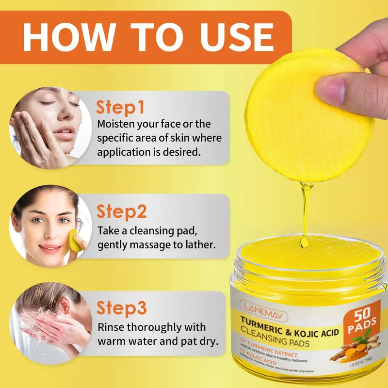 Turmeric & Kojic Acid Face Cleansing Pads, 50pcs/box Deep Moisturizing Facial Cleansing Pads, Gentle Facial Cleanser for Sensitive Skin 6