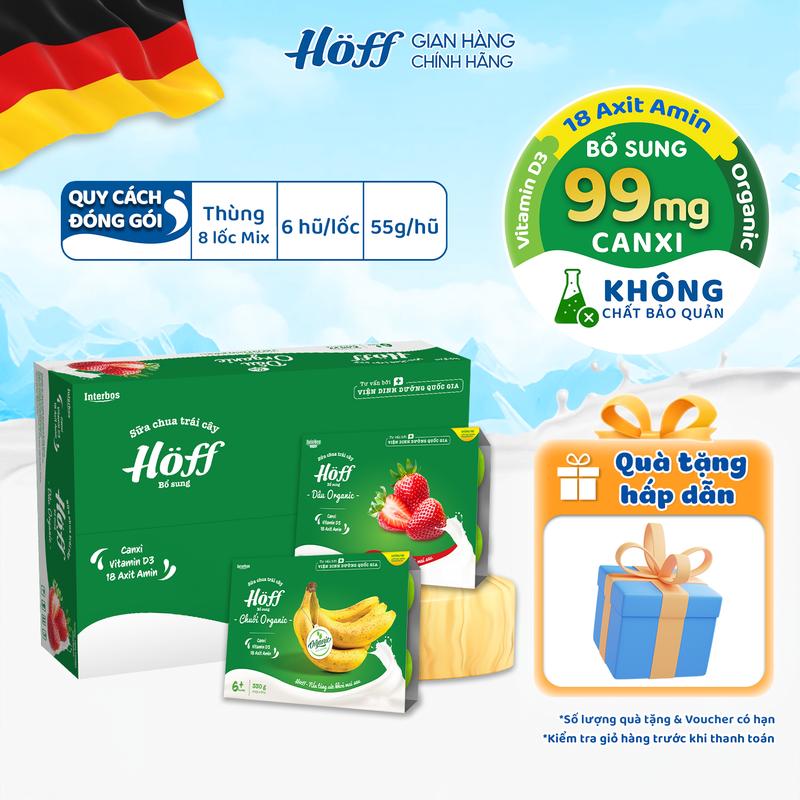 Sữa chua Hoff bổ sung Dâu Organic, Chuối organic bổ sung dinh dưỡng canxi axit amin vitamin D3 hỗ trợ hệ tiêu hóa hỗ trợ phát triển chiều cao thùng 8 lốc (48 hộp x 55g)